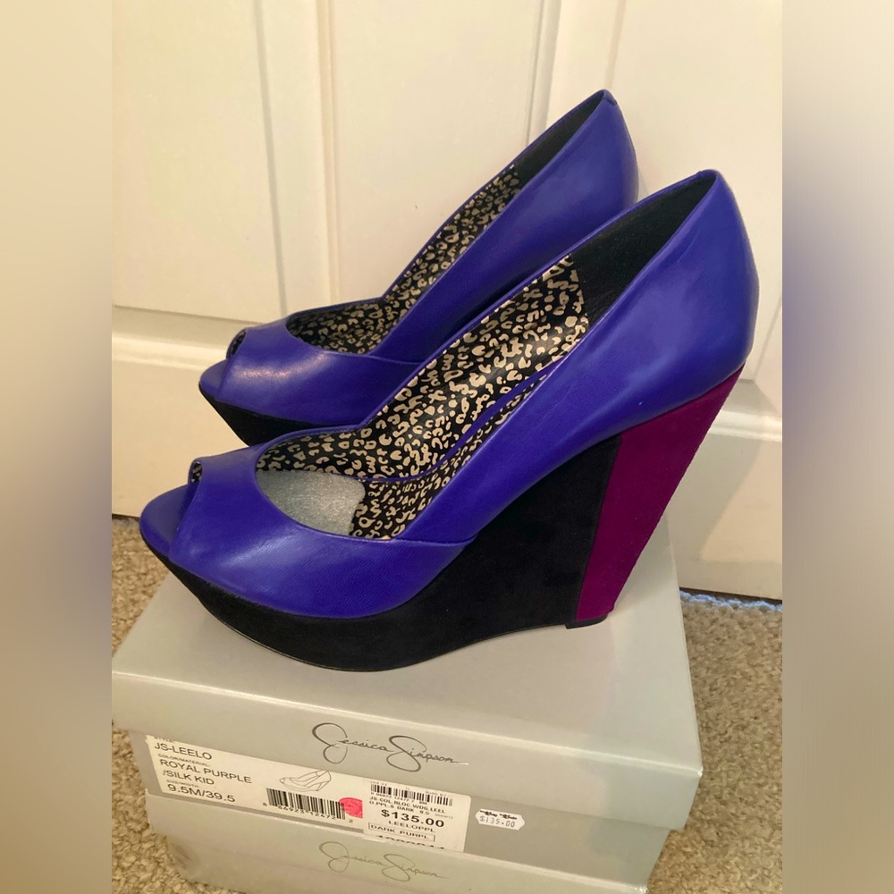 NWT - Jessica Simpson Collection Royal Purple Wedge Peep-Toe Heels